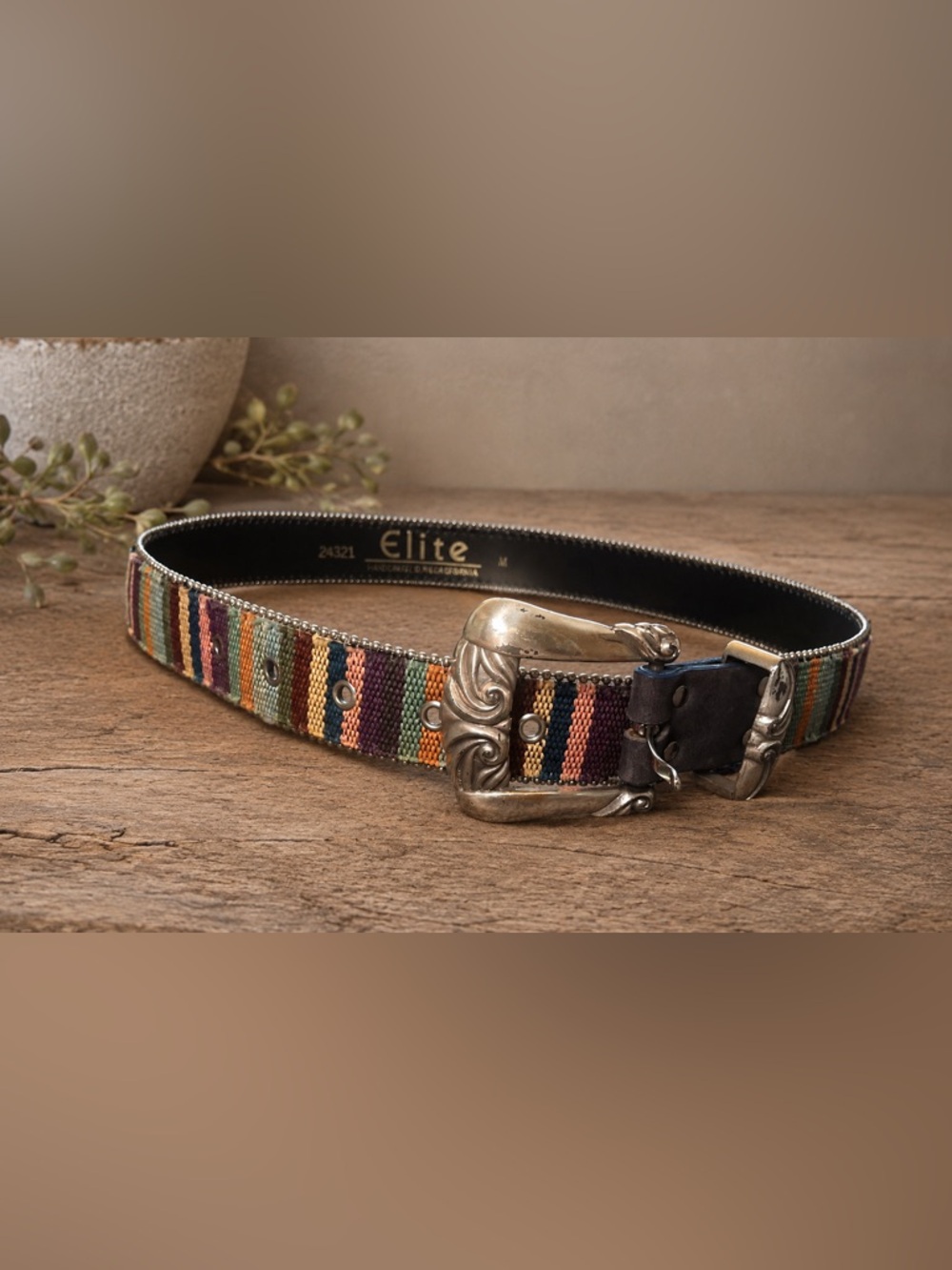 Elite Y2K Boho Western Striped Belt Silver Scroll Buckle Festival Cowgirl - S